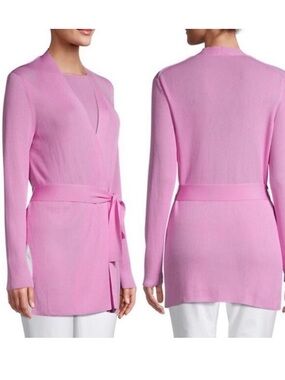 Lafayette 148 Dahlia Ribbed Knit Pink Belted Open Front Cardigan Size S